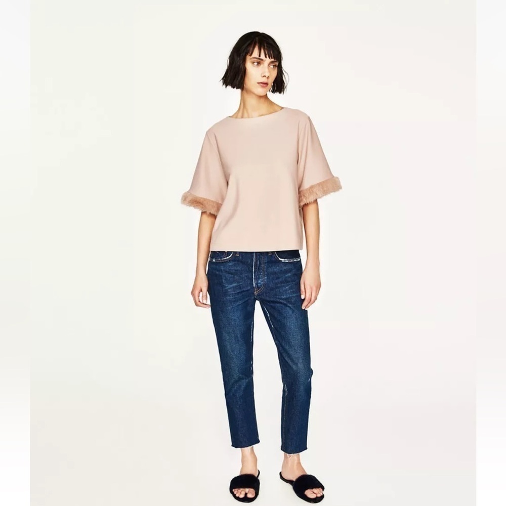Zara Basics Taupe Crop Short Sleeve Faux Fur Sleeve Top Size Medium
